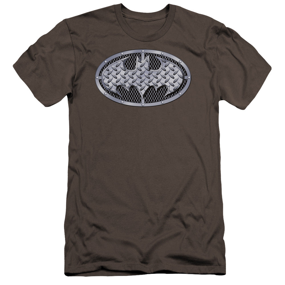 AN OFFCIALLY LICENSED BATMAN STEEL MESH SHIELD MEN'S PREMIUM SLIM FIT T-SHIRT CHARCOAL