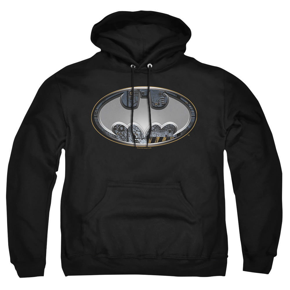 AN OFFCIALLY LICENSED BATMAN STEEL WALL SHIELD ADULT UNISEX PULLOVER HOODIE BLACK