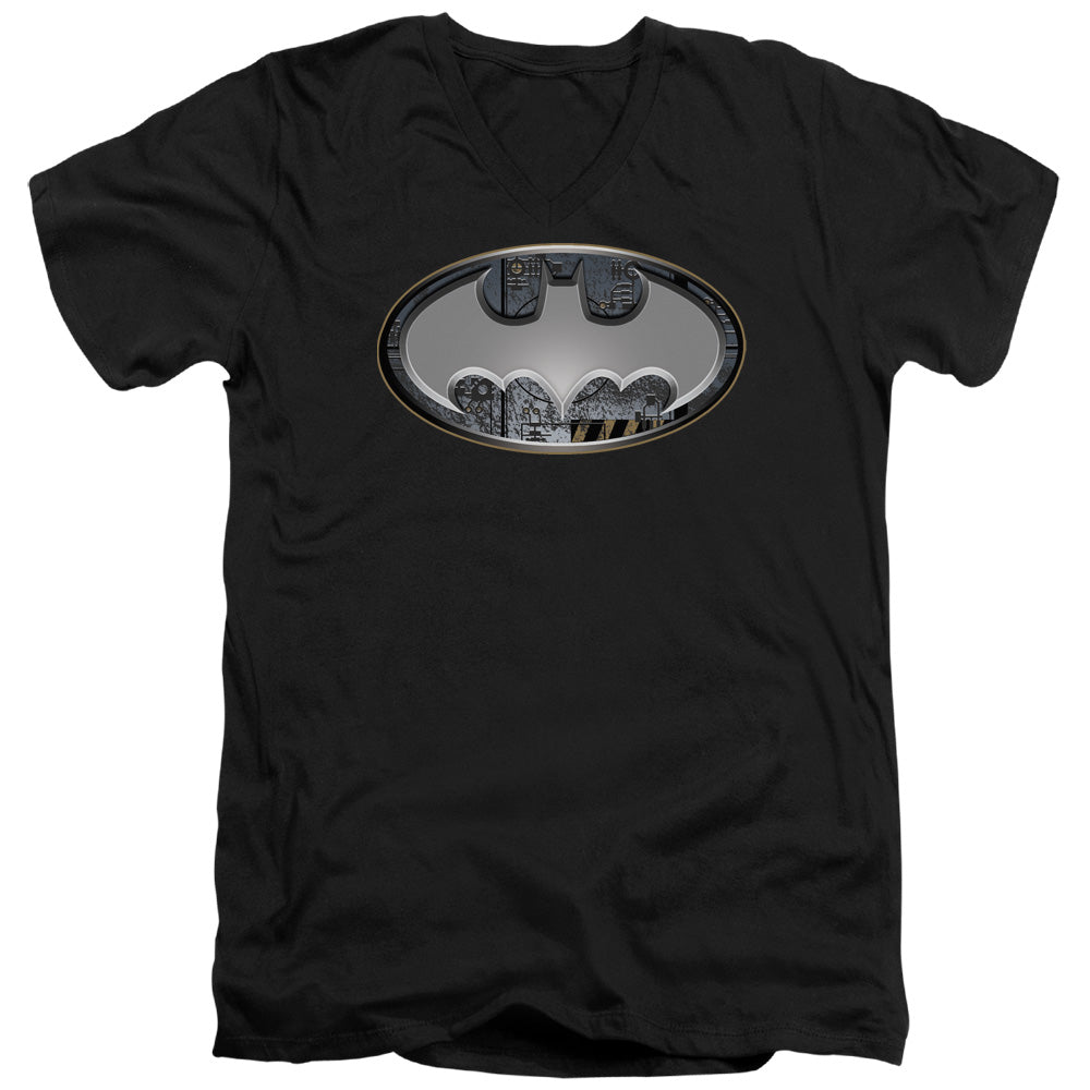 AN OFFCIALLY LICENSED BATMAN STEEL WALL SHIELD MEN'S V-NECK T-SHIRT BLACK