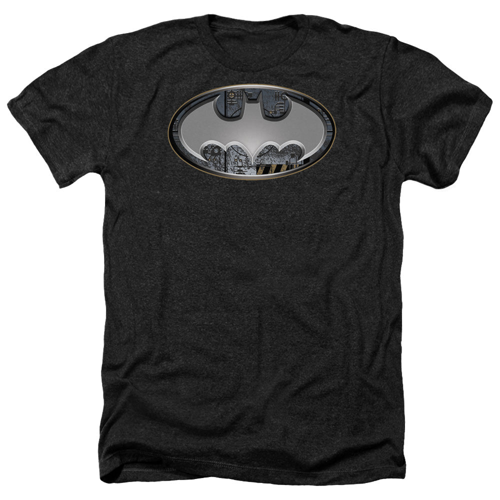 AN OFFCIALLY LICENSED BATMAN STEEL WALL SHIELD MEN'S HEATHER T-SHIRT CHARCOAL