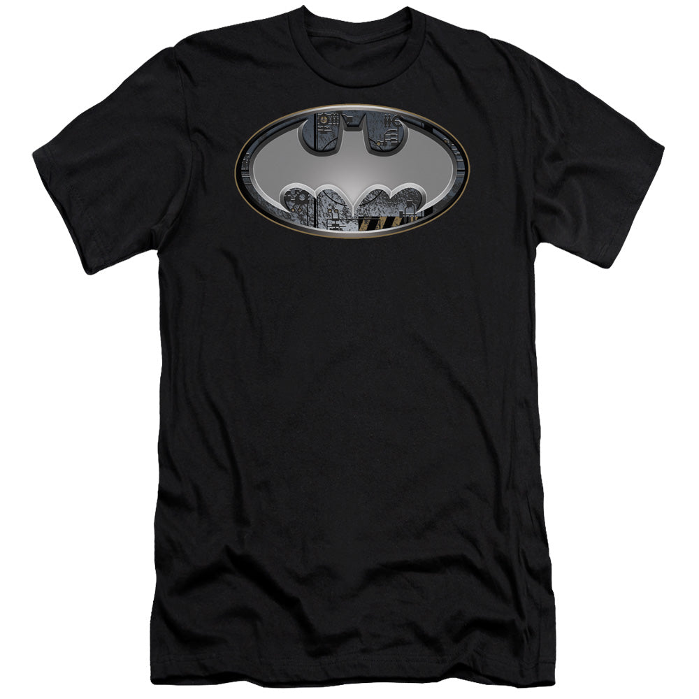 AN OFFCIALLY LICENSED BATMAN STEEL WALL SHIELD MEN'S PREMIUM SLIM FIT T-SHIRT BLACK