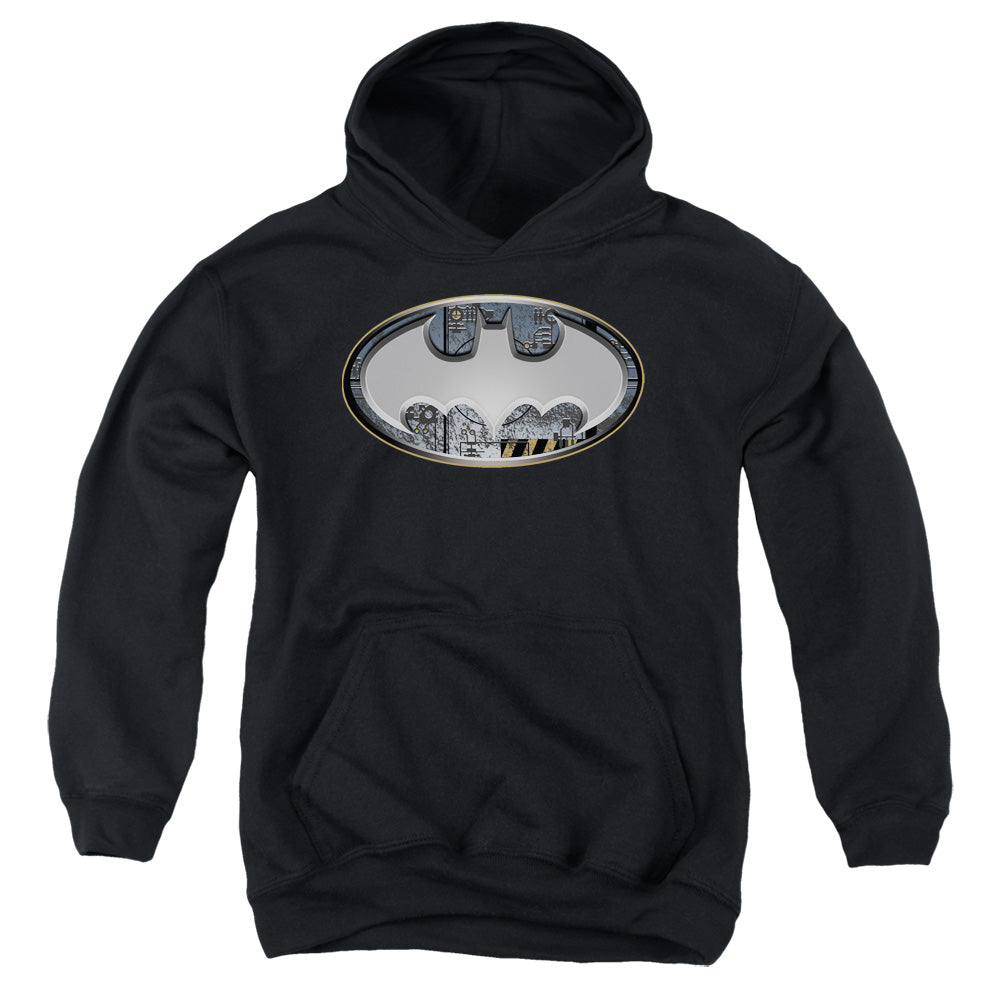 AN OFFCIALLY LICENSED BATMAN STEEL WALL SHIELD YOUTH HOODIE BLACK