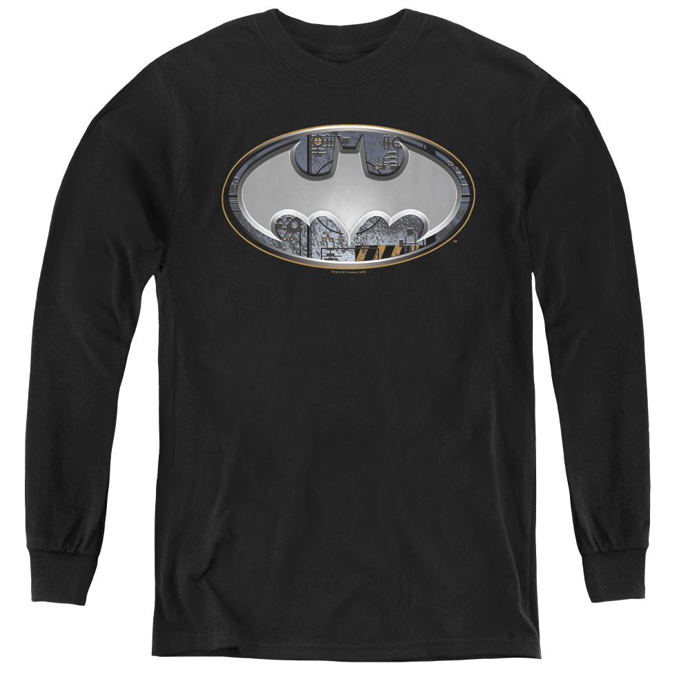 AN OFFCIALLY LICENSED BATMAN STEEL WALL SHIELD YOUTH LONG SLEEVE T-SHIRT BLACK
