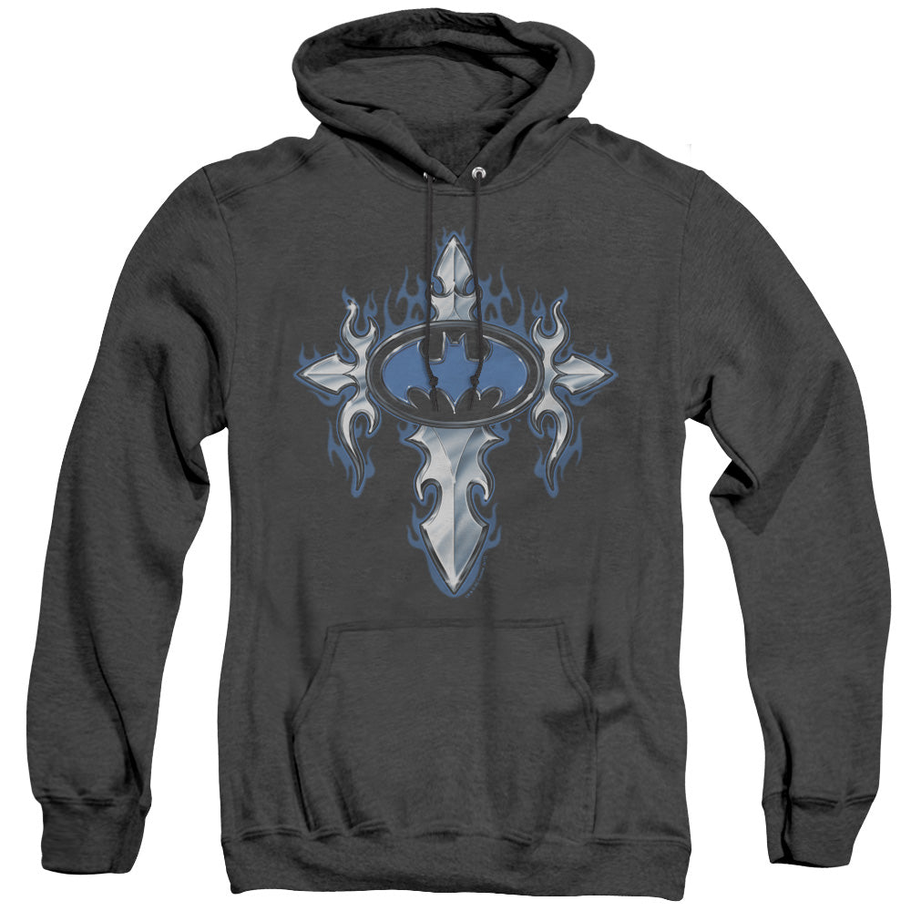 AN OFFCIALLY LICENSED BATMAN GOTHIC STEEL LOGO ADULT UNISEX HEATHER PULLOVER HOODIE BLACK