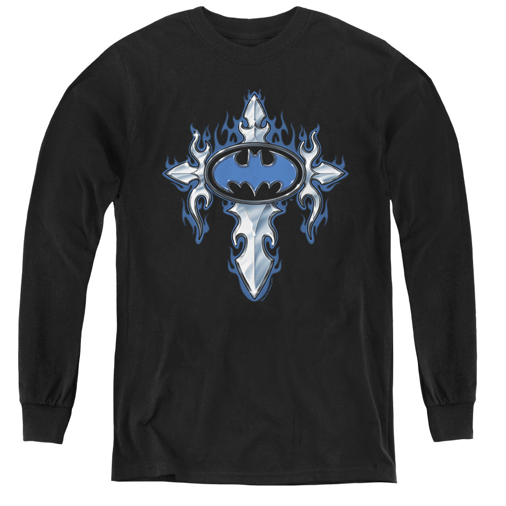 AN OFFCIALLY LICENSED BATMAN GOTHIC STEEL LOGO YOUTH LONG SLEEVE T-SHIRT BLACK