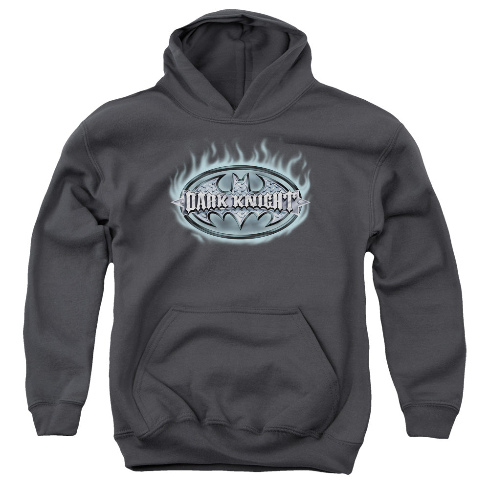 AN OFFCIALLY LICENSED BATMAN DARK KNIGHT STEEL SHIELD YOUTH HOODIE CHARCOAL