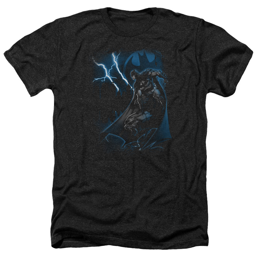 AN OFFCIALLY LICENSED BATMAN LIGHTNING STRIKES MEN'S HEATHER T-SHIRT CHARCOAL