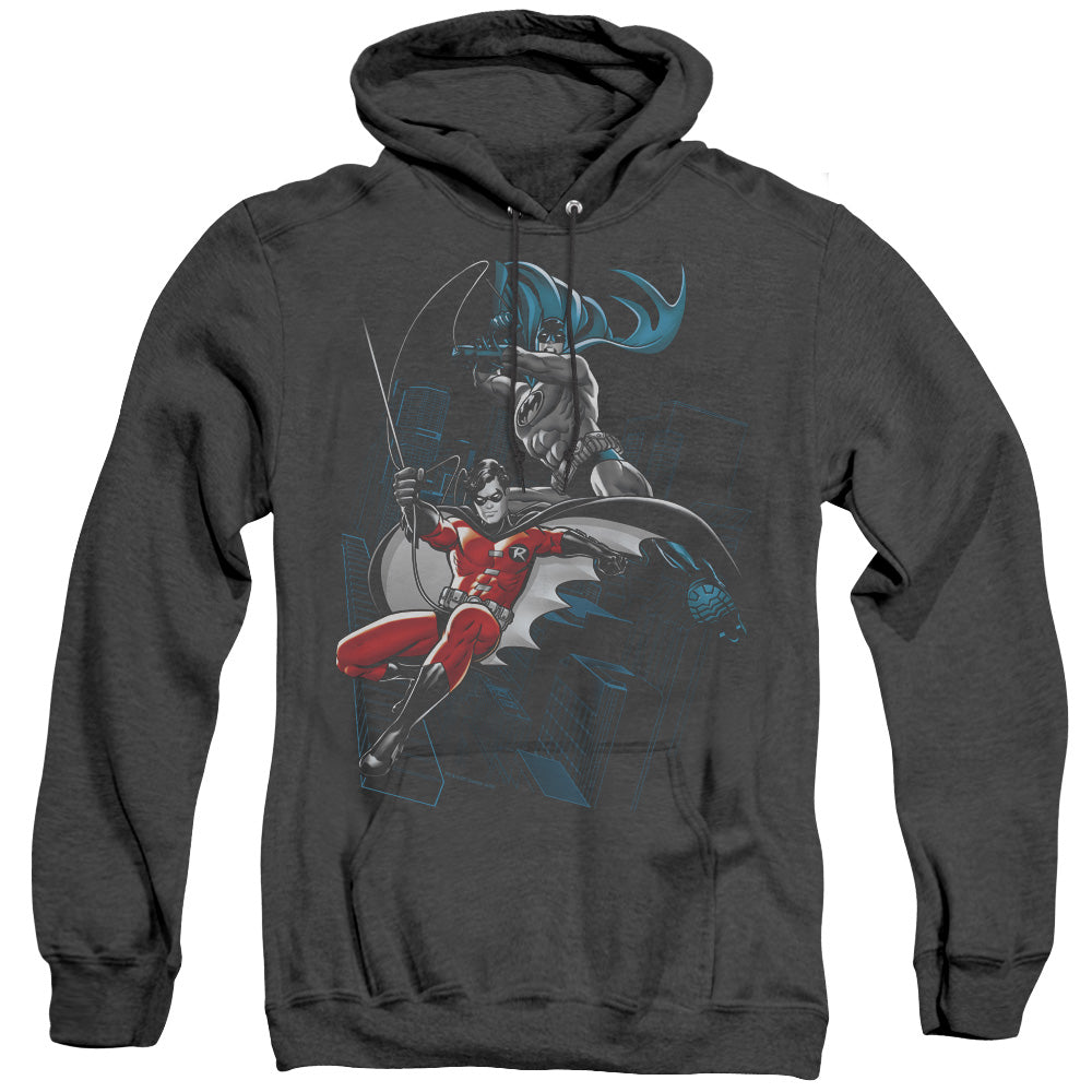 AN OFFCIALLY LICENSED BATMAN BLACK AND WHITE ADULT UNISEX HEATHER PULLOVER HOODIE BLACK