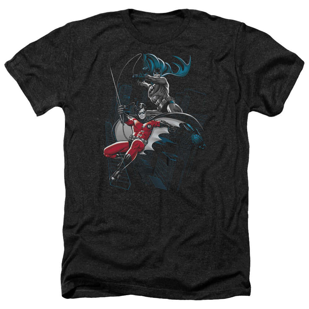 AN OFFCIALLY LICENSED BATMAN BLACK AND WHITE MEN'S HEATHER T-SHIRT CHARCOAL