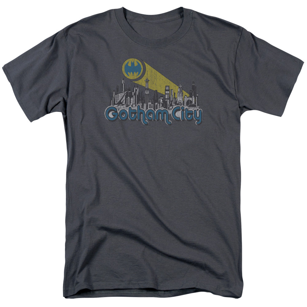 AN OFFCIALLY LICENSED BATMAN GOTHAM CITY DISTRESSED MEN'S REGULAR FIT T-SHIRT CHARCOAL