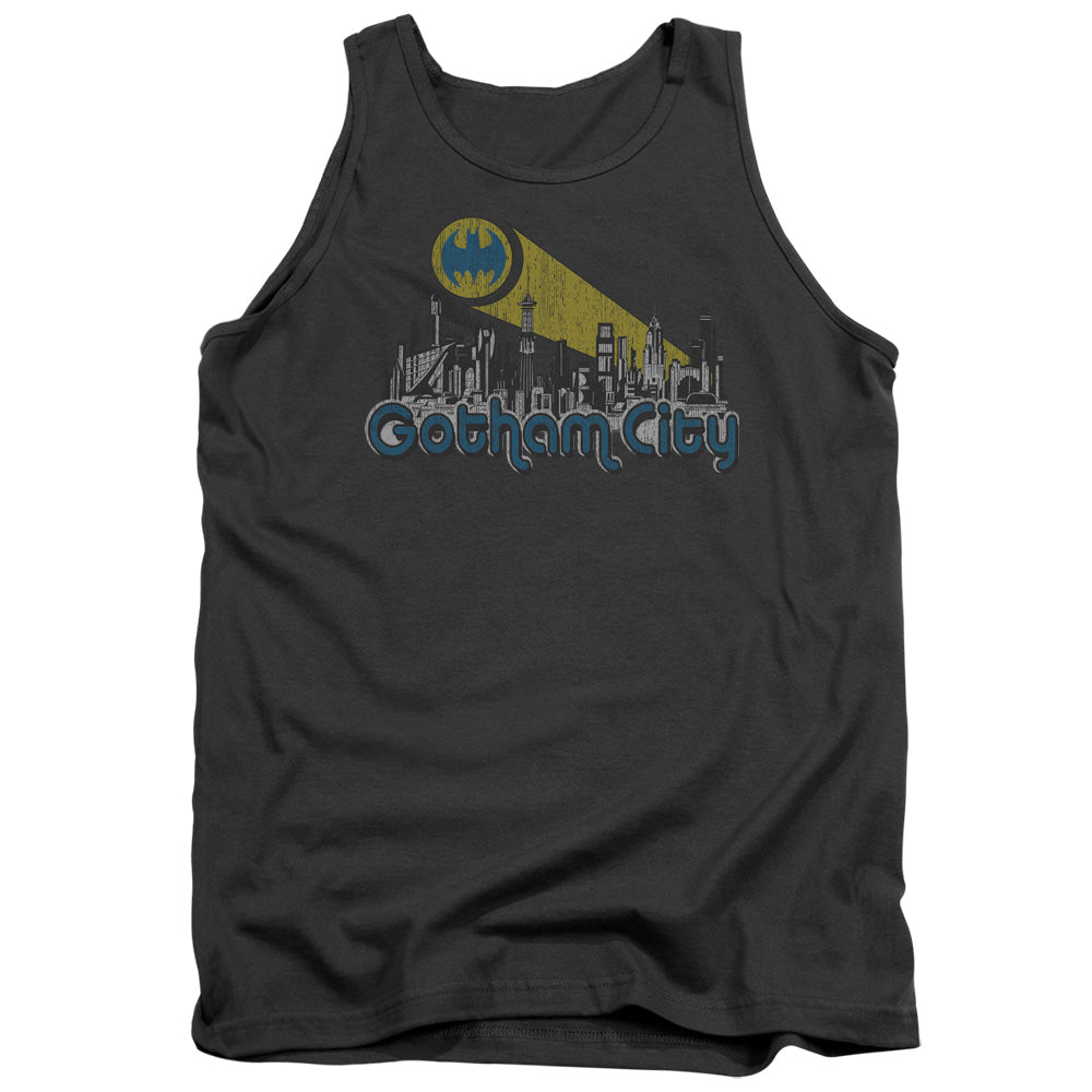 AN OFFCIALLY LICENSED BATMAN GOTHAM CITY DISTRESSED ADULT UNISEX TANK TOP CHARCOAL