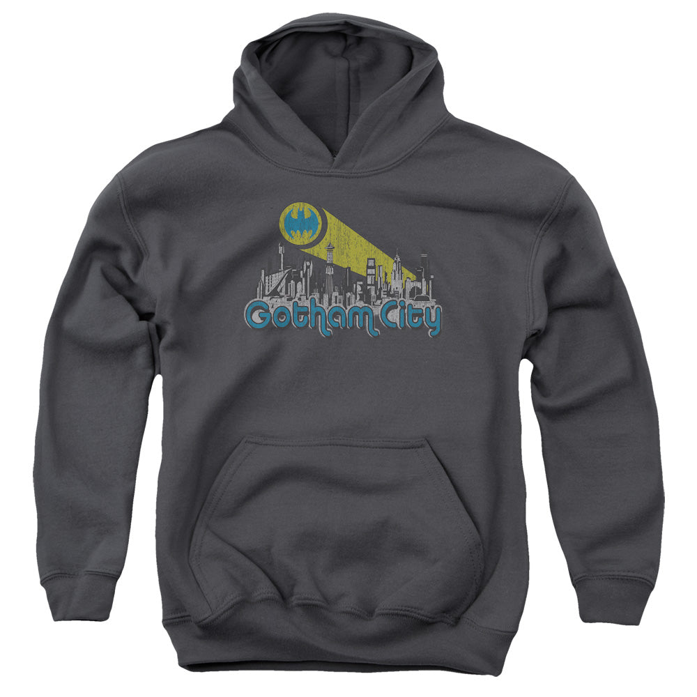 AN OFFCIALLY LICENSED BATMAN GOTHAM CITY DISTRESSED YOUTH HOODIE CHARCOAL