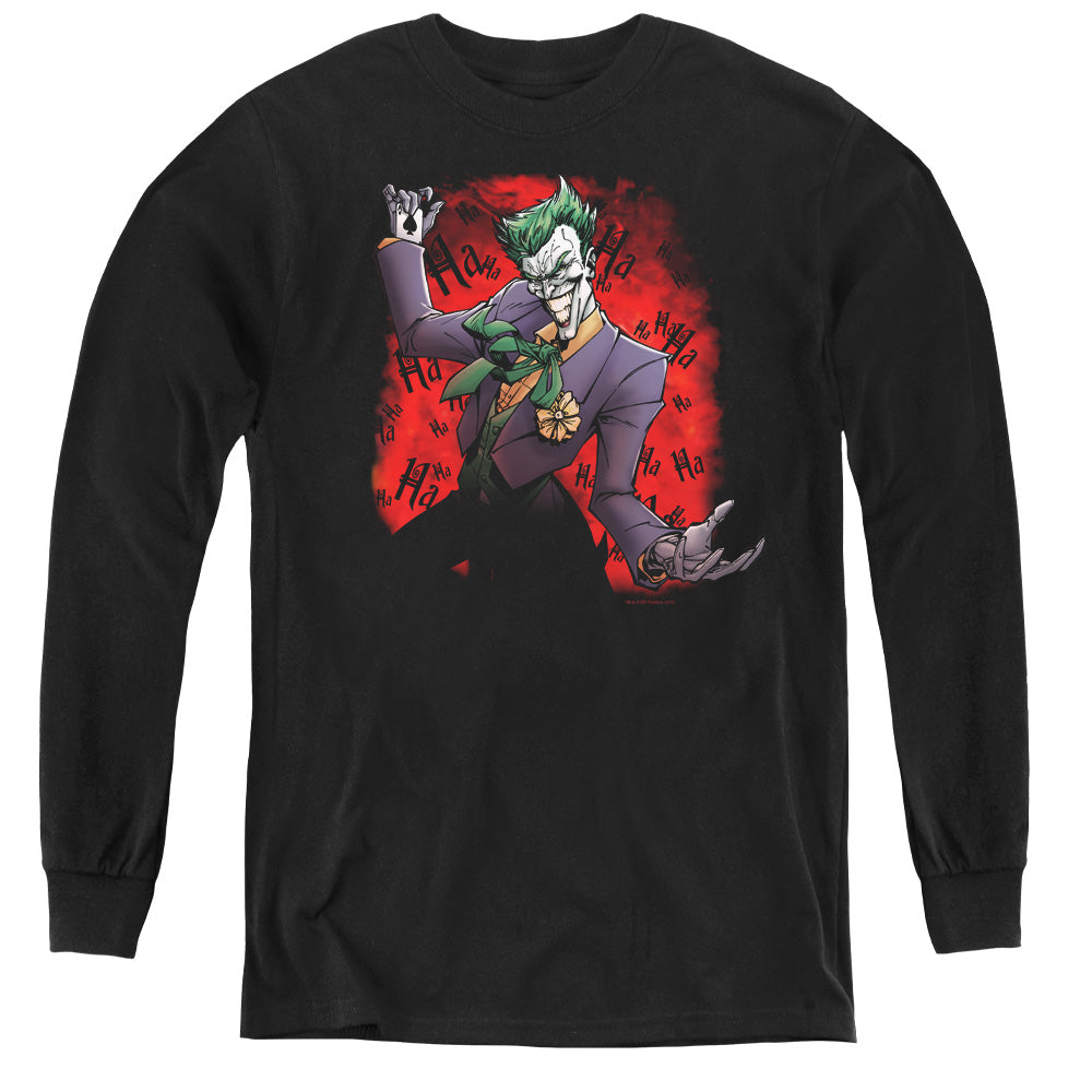 AN OFFCIALLY LICENSED BATMAN JOKERS AVE YOUTH LONG SLEEVE T-SHIRT BLACK