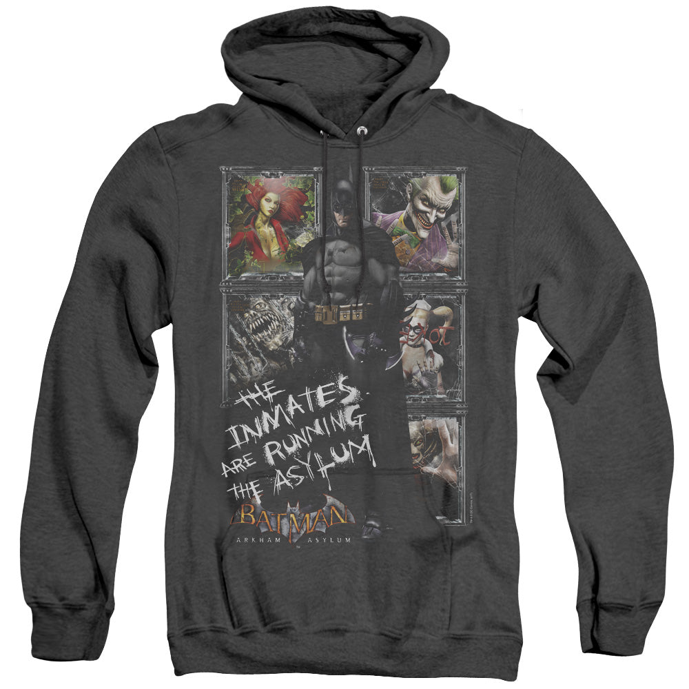 AN OFFCIALLY LICENSED BATMAN AA RUNNING THE ASYLUM ADULT UNISEX HEATHER PULLOVER HOODIE BLACK