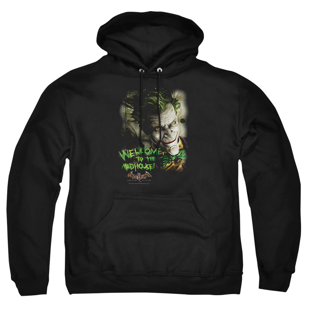 AN OFFCIALLY LICENSED BATMAN AA WELCOME TO THE MADHOUSE ADULT UNISEX PULLOVER HOODIE BLACK