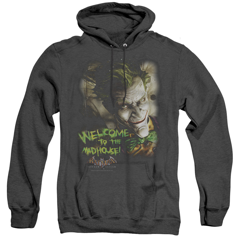 AN OFFCIALLY LICENSED BATMAN AA WELCOME TO THE MADHOUSE ADULT UNISEX HEATHER PULLOVER HOODIE BLACK