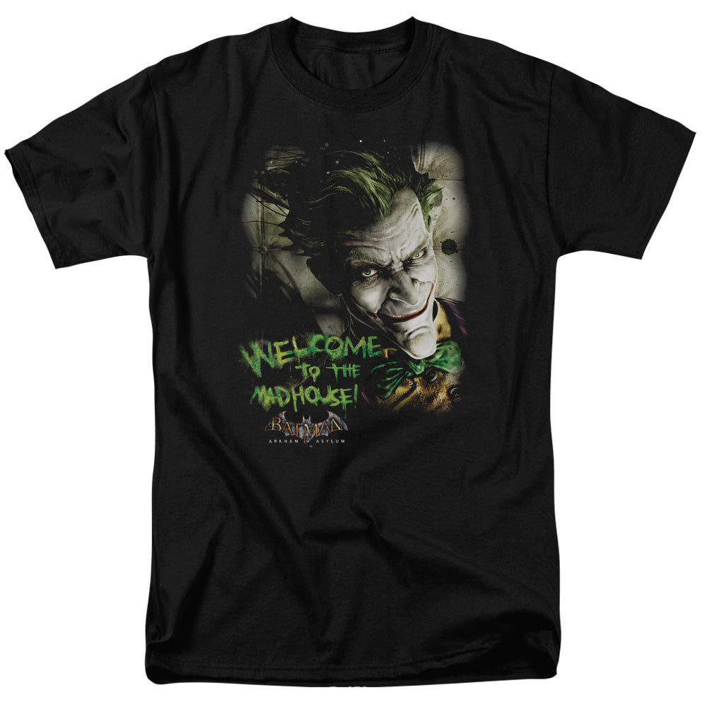 AN OFFCIALLY LICENSED BATMAN AA WELCOME TO THE MADHOUSE MEN'S REGULAR FIT T-SHIRT BLACK