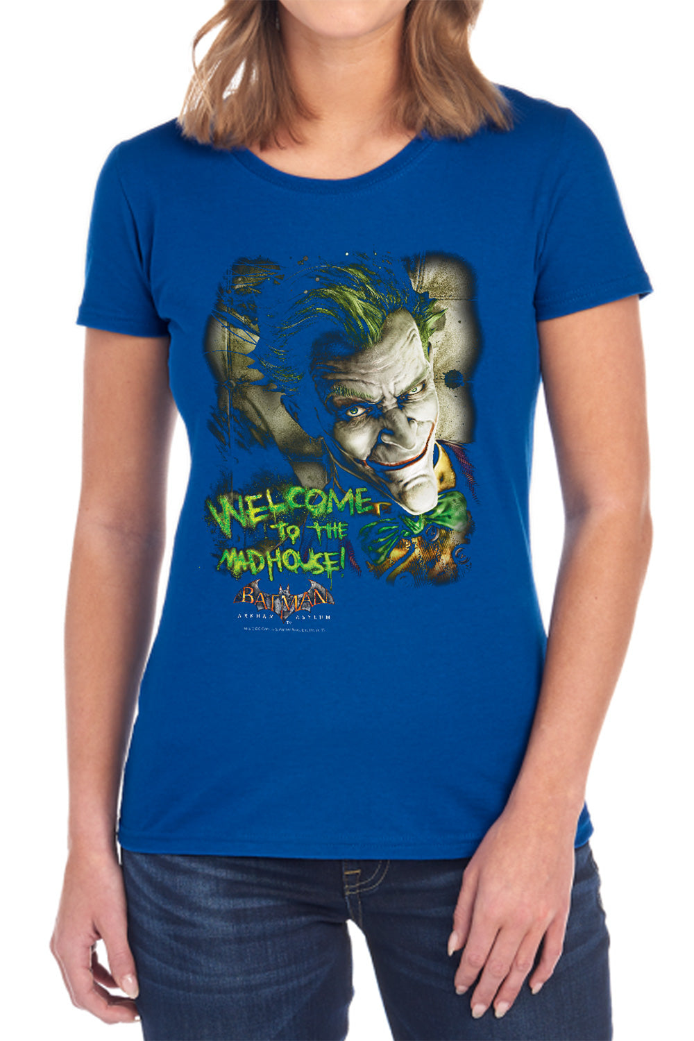 AN OFFCIALLY LICENSED BATMAN AA WELCOME TO THE MADHOUSE WOMEN'S REGULAR FIT T-SHIRT BLACK