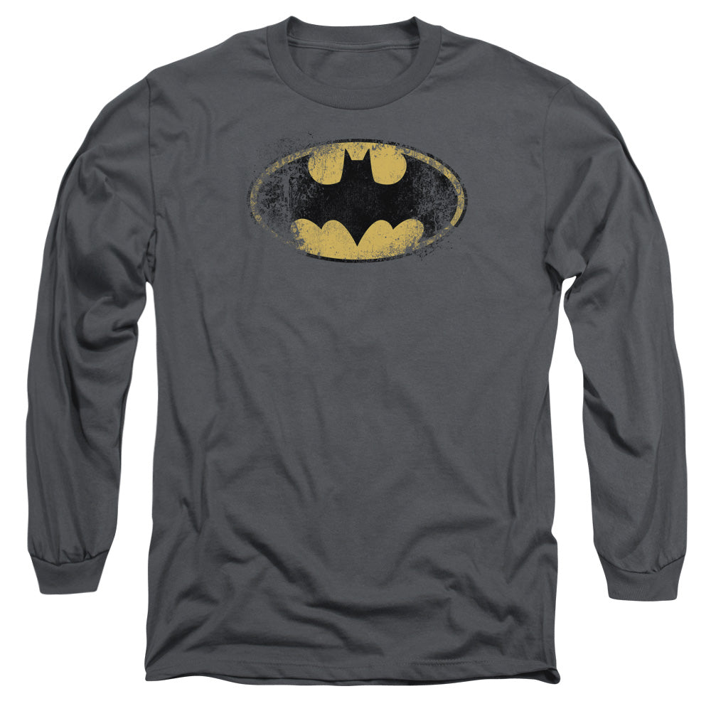 AN OFFCIALLY LICENSED BATMAN DESTROYED LOGO MEN'S LONG SLEEVE T-SHIRT CHARCOAL