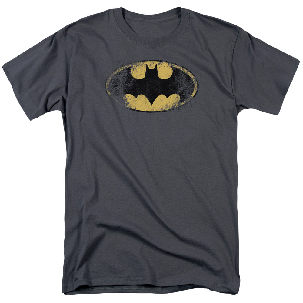 AN OFFCIALLY LICENSED BATMAN DESTROYED LOGO MEN'S REGULAR FIT T-SHIRT CHARCOAL