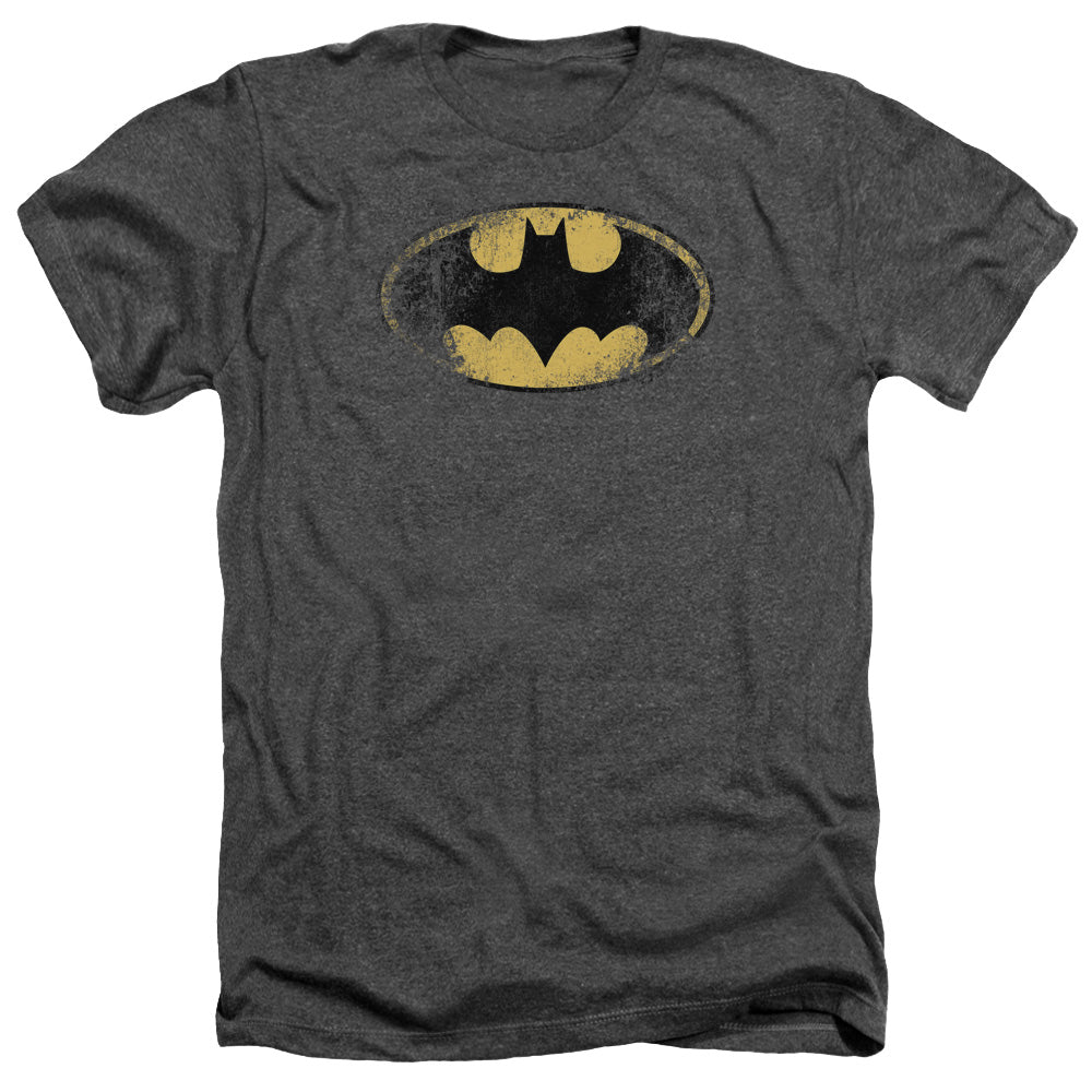 AN OFFCIALLY LICENSED BATMAN DESTROYED LOGO MEN'S HEATHER T-SHIRT CHARCOAL
