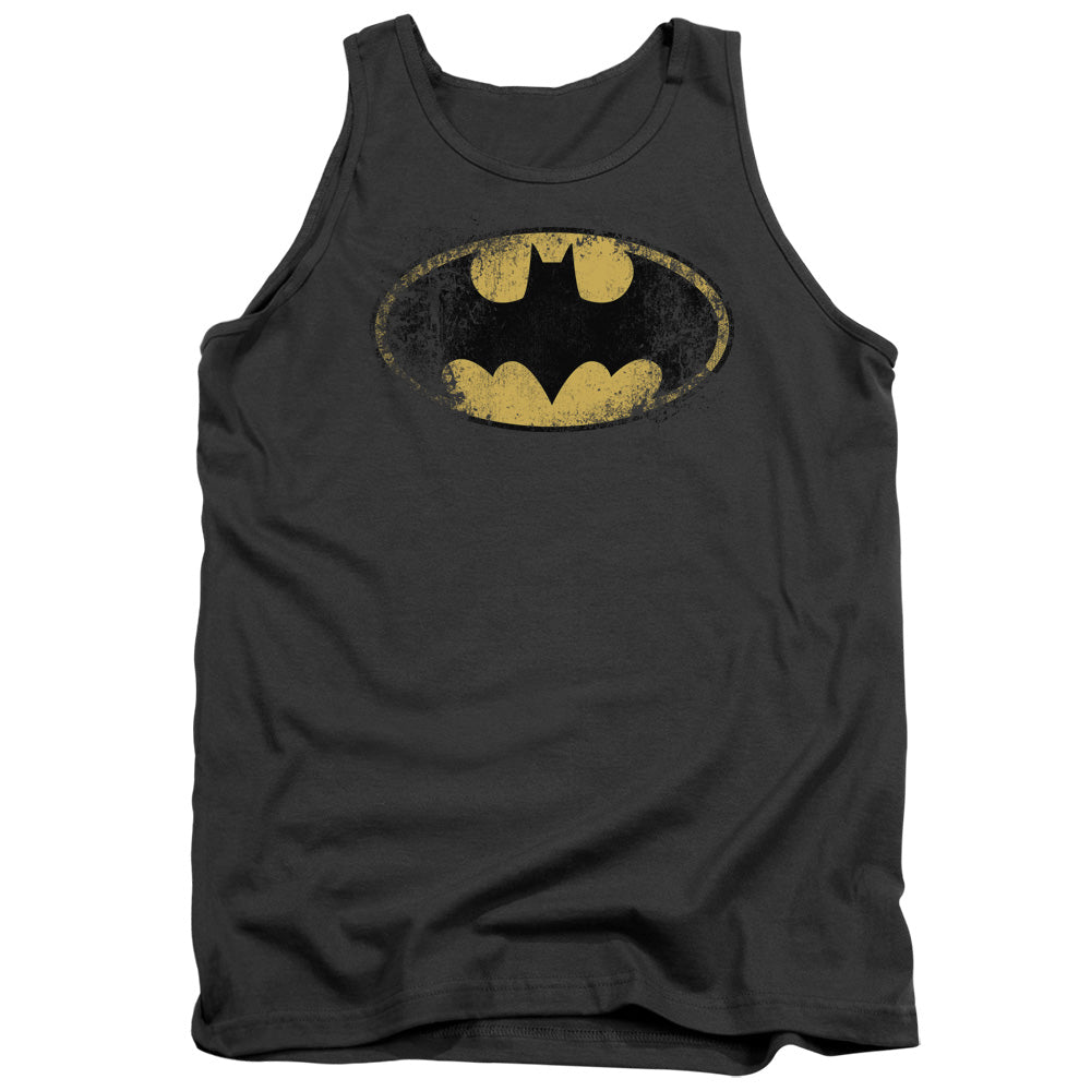 AN OFFCIALLY LICENSED BATMAN DESTROYED LOGO ADULT UNISEX TANK TOP CHARCOAL