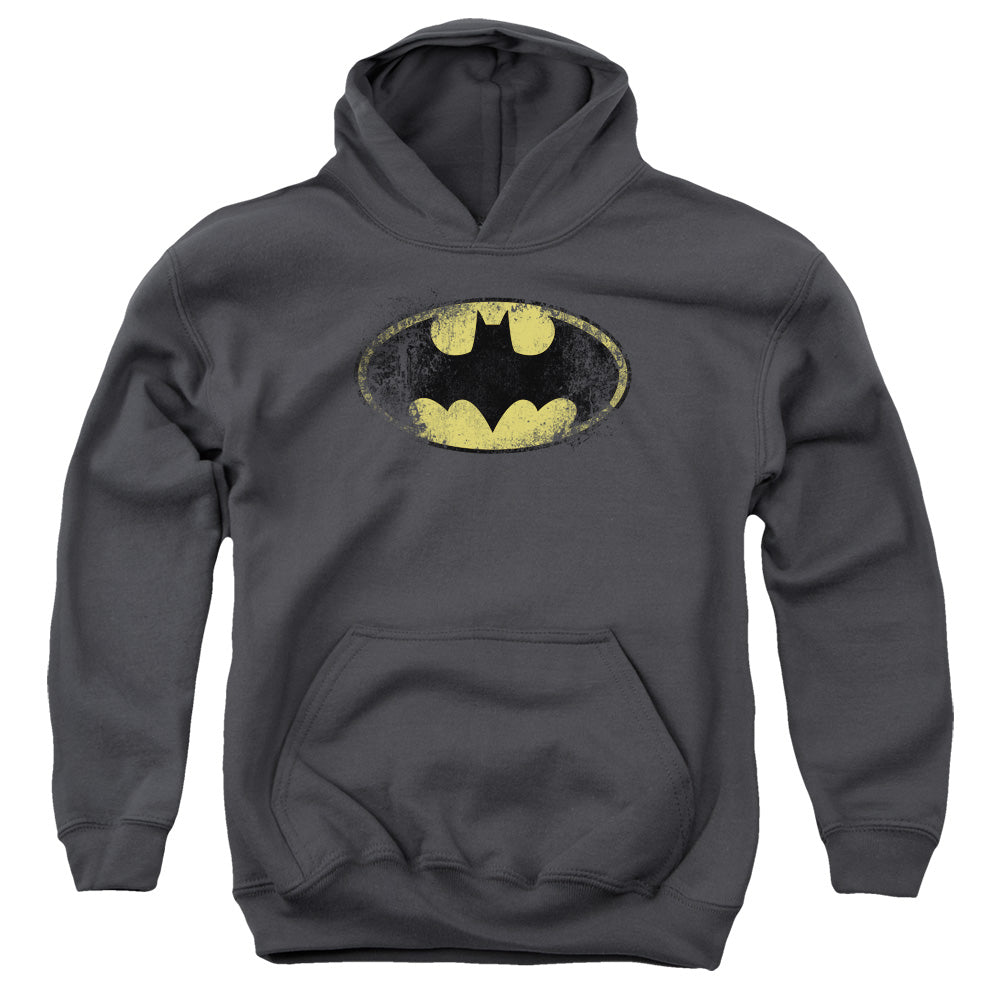 AN OFFCIALLY LICENSED BATMAN DESTROYED LOGO YOUTH HOODIE CHARCOAL
