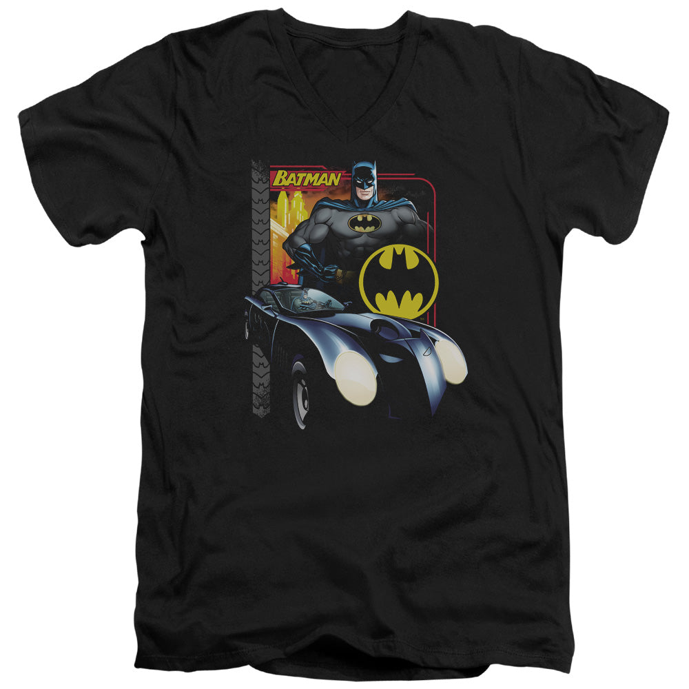 AN OFFCIALLY LICENSED BATMAN BAT RACING MEN'S V-NECK T-SHIRT BLACK