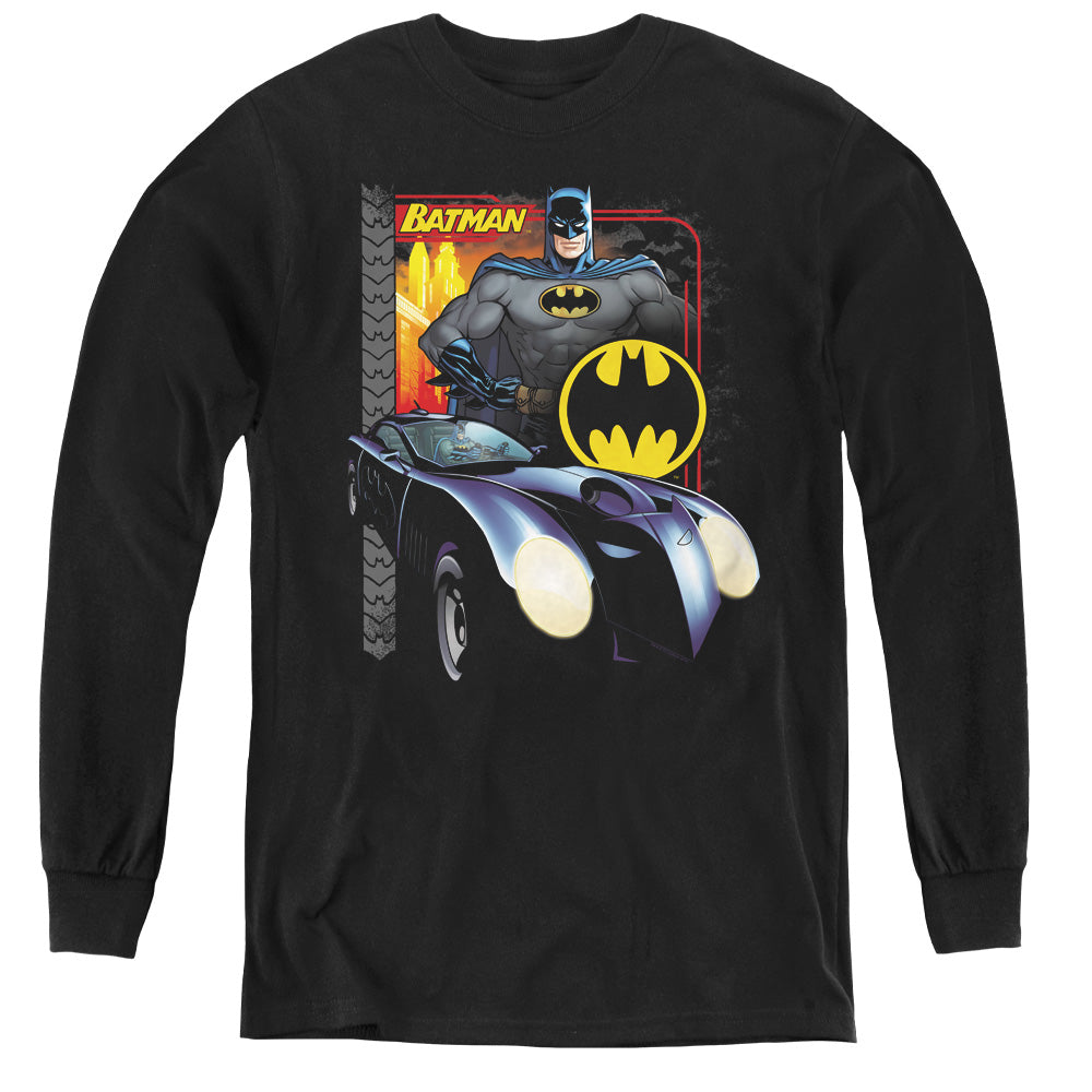 AN OFFCIALLY LICENSED BATMAN BAT RACING YOUTH LONG SLEEVE T-SHIRT BLACK