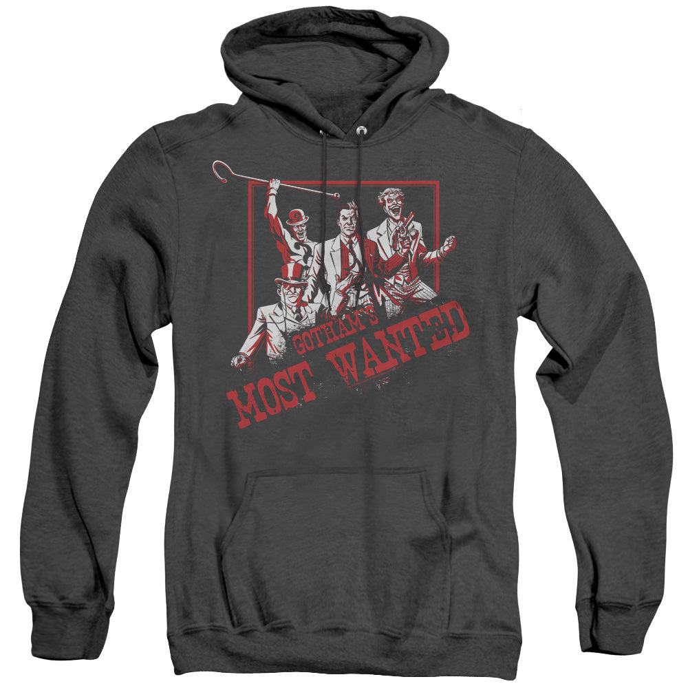 AN OFFCIALLY LICENSED BATMAN GOTHAMS MOST WANTED ADULT UNISEX HEATHER PULLOVER HOODIE BLACK