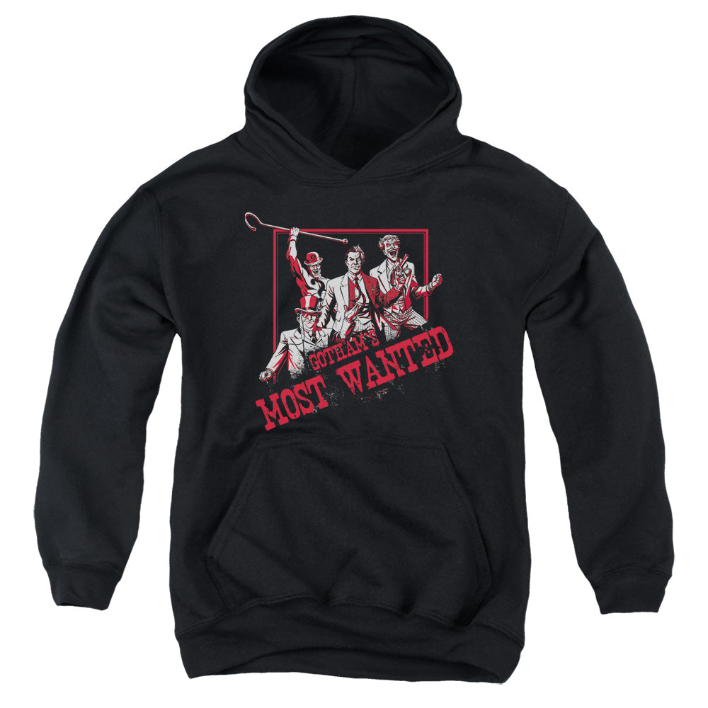 AN OFFCIALLY LICENSED BATMAN GOTHAMS MOST WANTED YOUTH HOODIE BLACK