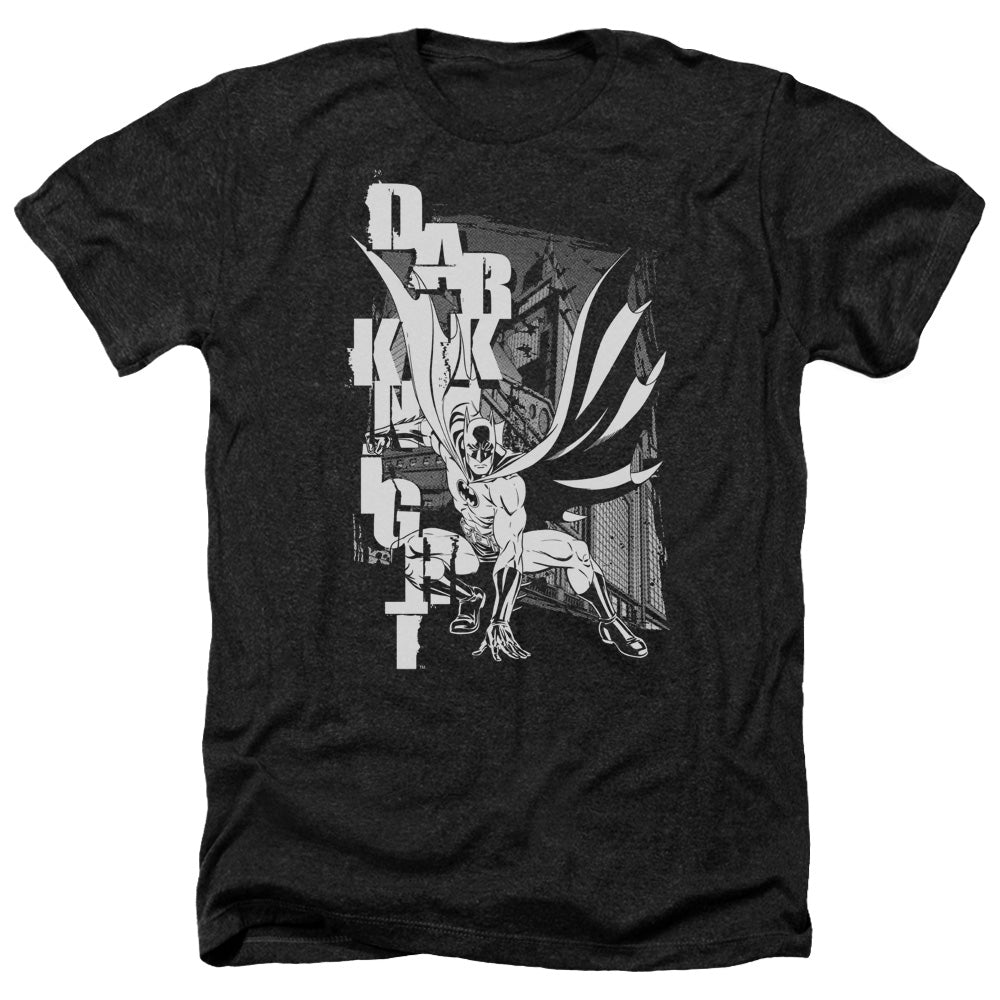 AN OFFCIALLY LICENSED BATMAN VERTICAL LETTERS MEN'S HEATHER T-SHIRT CHARCOAL