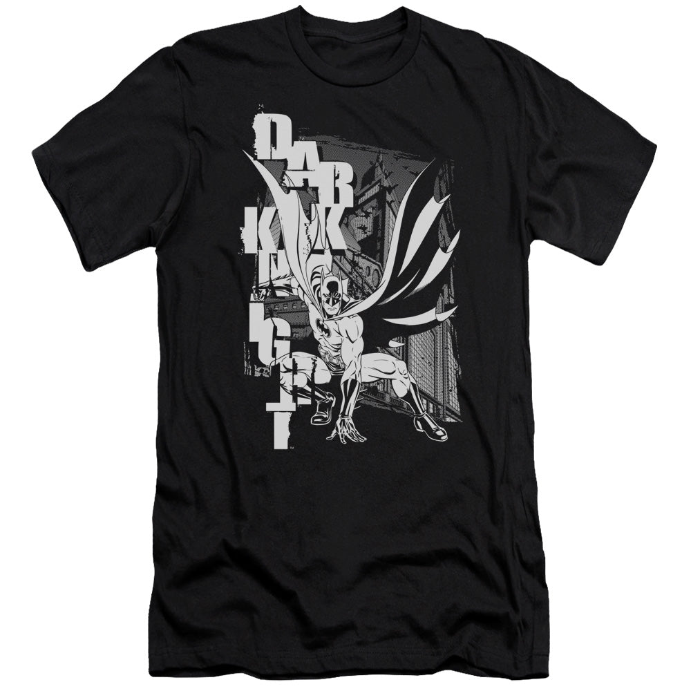 AN OFFCIALLY LICENSED BATMAN VERTICAL LETTERS MEN'S PREMIUM SLIM FIT T-SHIRT BLACK
