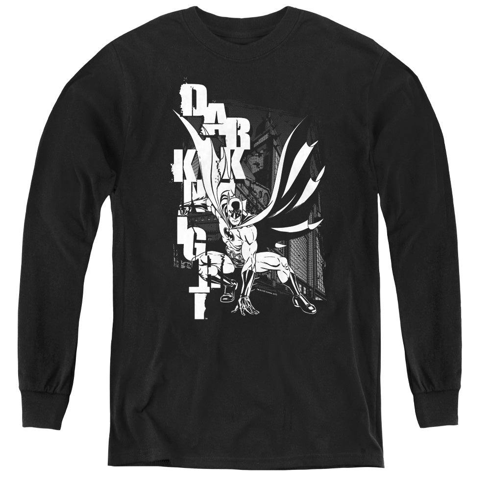 AN OFFCIALLY LICENSED BATMAN VERTICAL LETTERS YOUTH LONG SLEEVE T-SHIRT BLACK