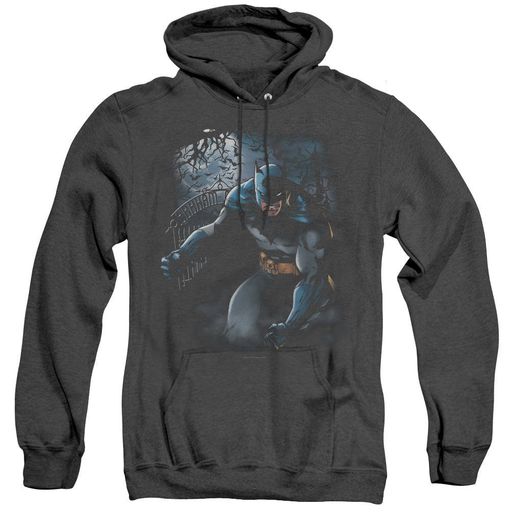 AN OFFCIALLY LICENSED BATMAN LIGHT OF THE MOON ADULT UNISEX HEATHER PULLOVER HOODIE BLACK