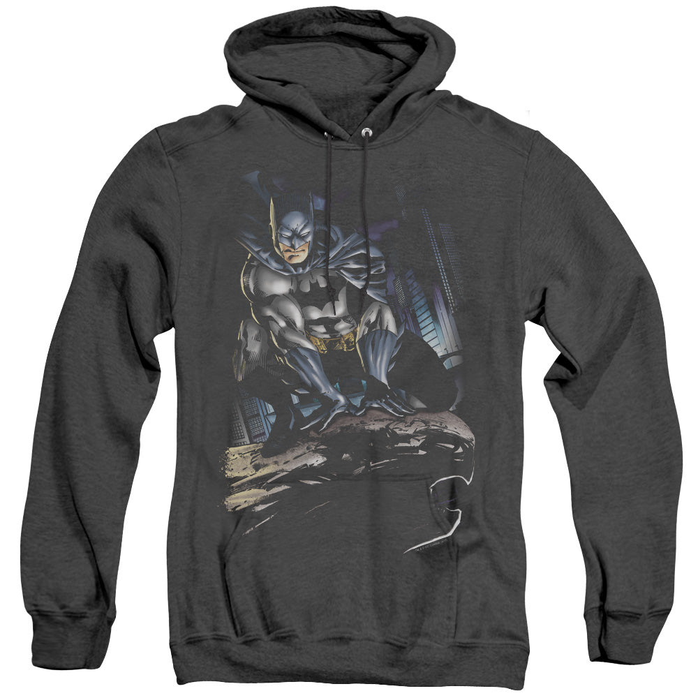 AN OFFCIALLY LICENSED BATMAN PERCHED ADULT UNISEX HEATHER PULLOVER HOODIE BLACK