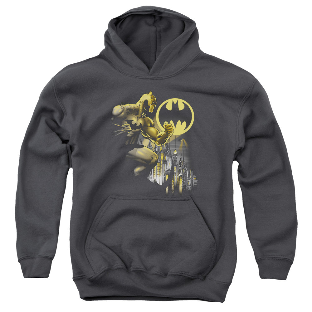 AN OFFCIALLY LICENSED BATMAN BAT SIGNAL YOUTH HOODIE CHARCOAL