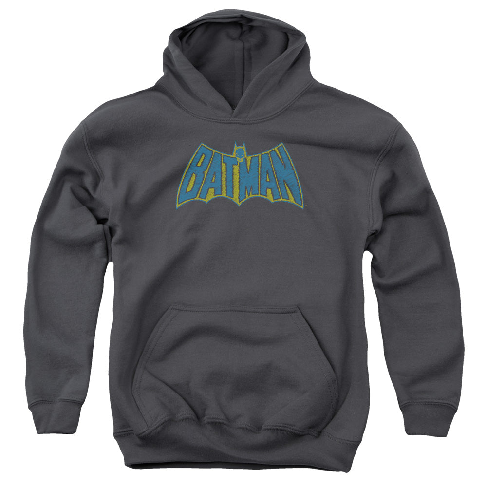 AN OFFCIALLY LICENSED BATMAN SKETCH LOGO YOUTH HOODIE CHARCOAL