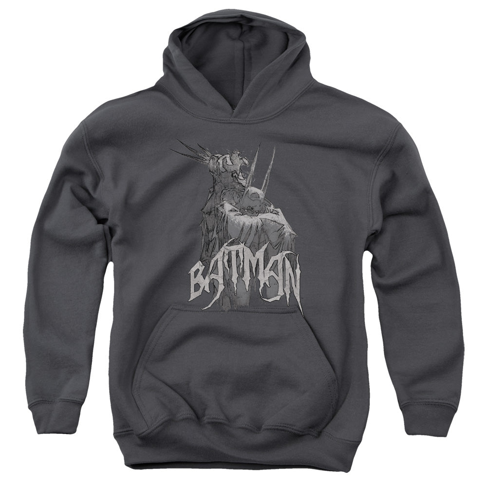 AN OFFCIALLY LICENSED BATMAN SCARY RIGHT HAND YOUTH HOODIE CHARCOAL
