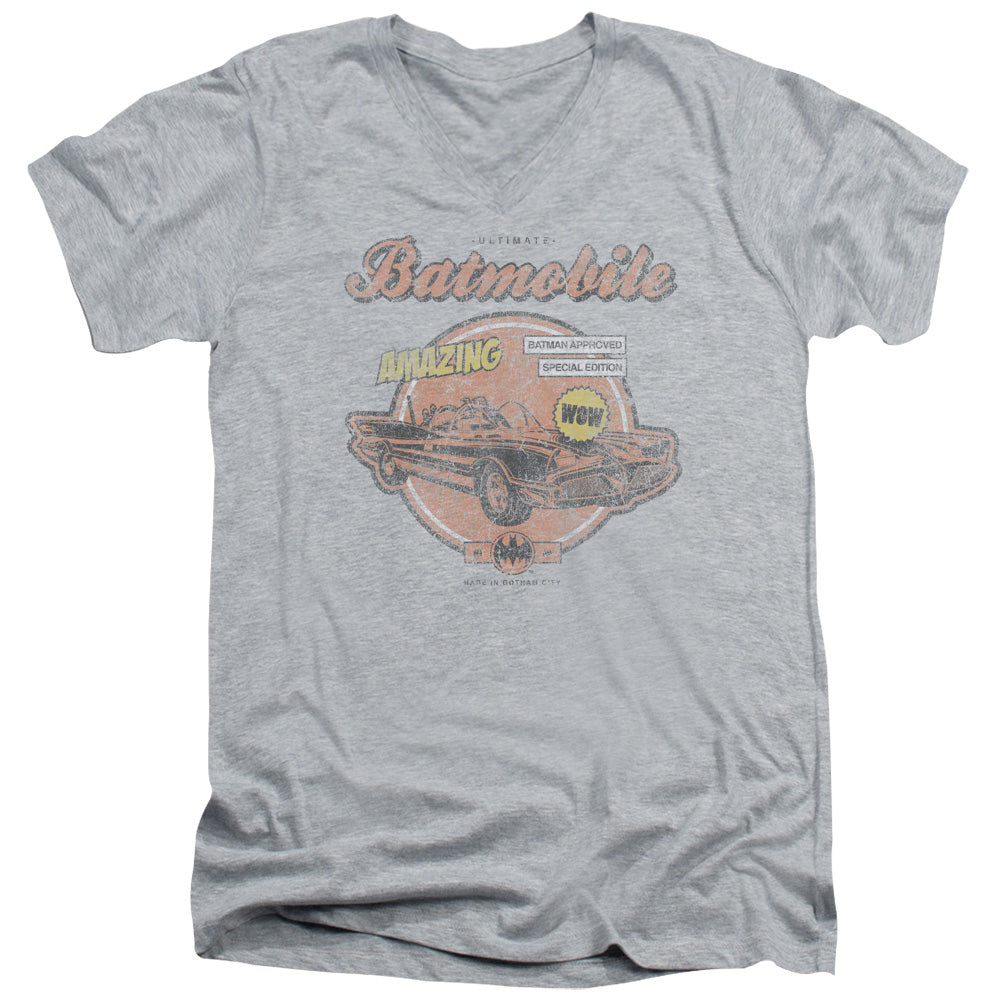 AN OFFCIALLY LICENSED BATMAN AMAZING BATMOBILE MEN'S V-NECK T-SHIRT ATHLETIC HEATHER