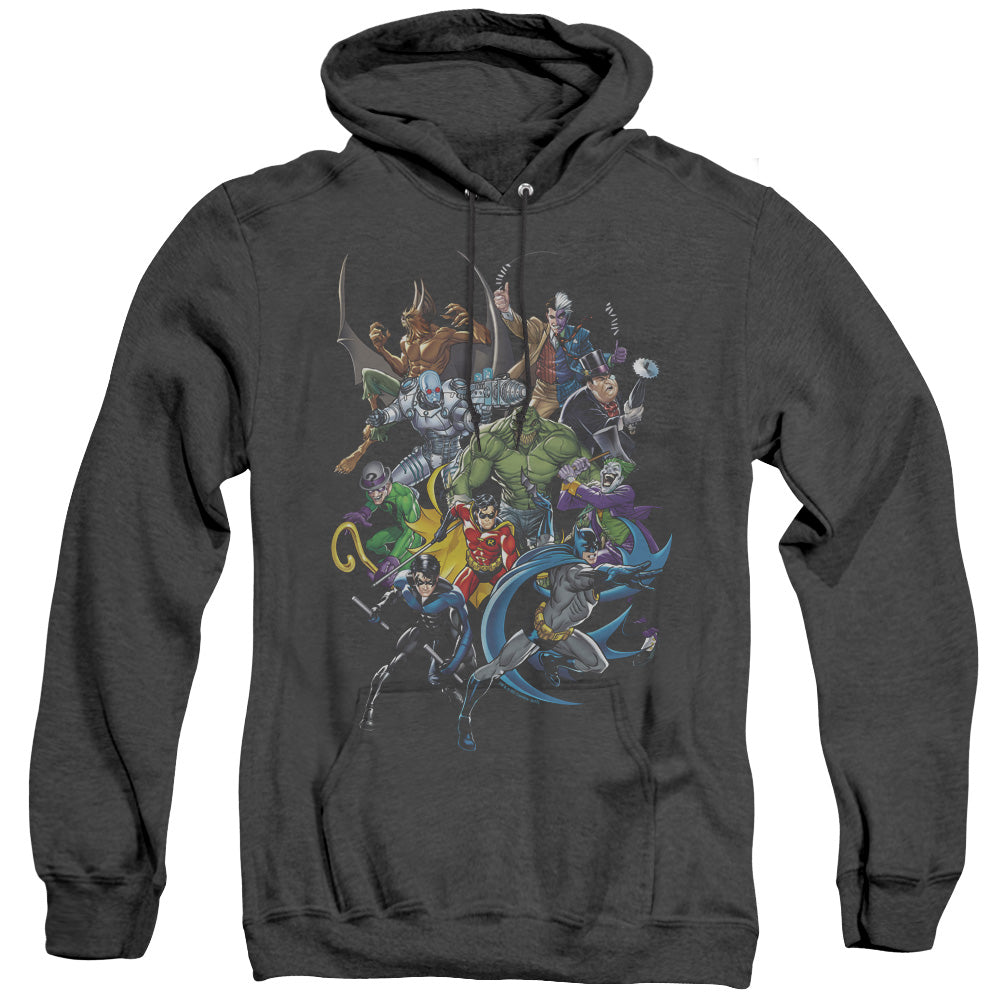 AN OFFCIALLY LICENSED BATMAN SAINTS AND PSYCHOS ADULT UNISEX HEATHER PULLOVER HOODIE BLACK