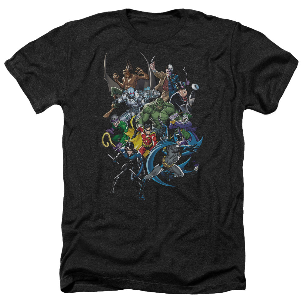 AN OFFCIALLY LICENSED BATMAN SAINTS AND PSYCHOS MEN'S HEATHER T-SHIRT CHARCOAL