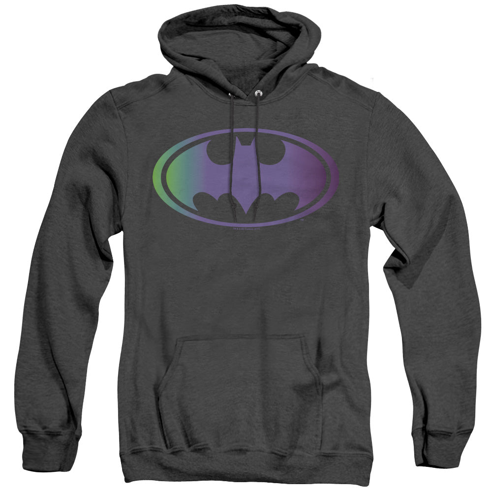 AN OFFCIALLY LICENSED BATMAN GRADIENT BAT LOGO ADULT UNISEX HEATHER PULLOVER HOODIE BLACK