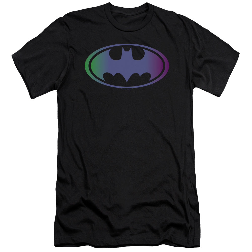 AN OFFCIALLY LICENSED BATMAN GRADIENT BAT LOGO MEN'S PREMIUM SLIM FIT T-SHIRT BLACK