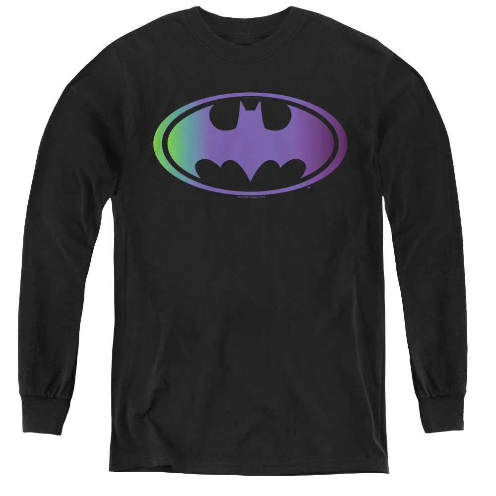 AN OFFCIALLY LICENSED BATMAN GRADIENT BAT LOGO YOUTH LONG SLEEVE T-SHIRT BLACK