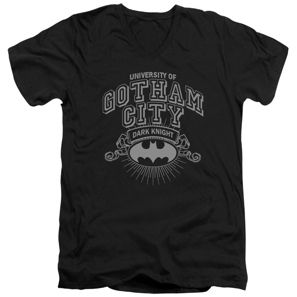 AN OFFCIALLY LICENSED BATMAN UNIVERSITY OF GOTHAM MEN'S V-NECK T-SHIRT BLACK
