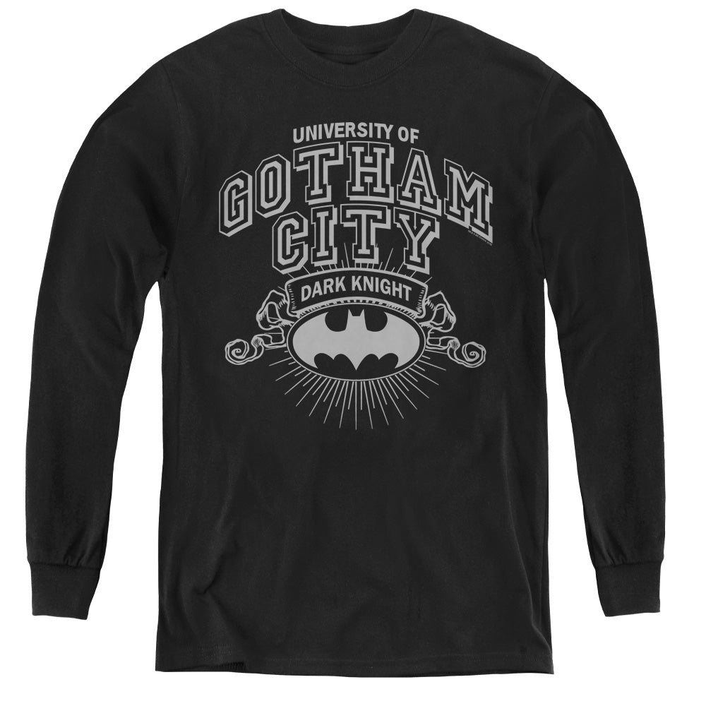 AN OFFCIALLY LICENSED BATMAN UNIVERSITY OF GOTHAM YOUTH LONG SLEEVE T-SHIRT BLACK