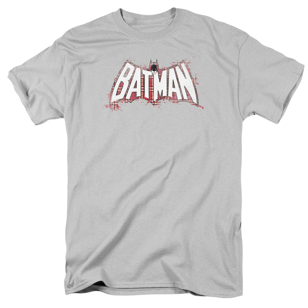 AN OFFCIALLY LICENSED BATMAN PLAID SPLAT LOGO MEN'S REGULAR FIT T-SHIRT SILVER