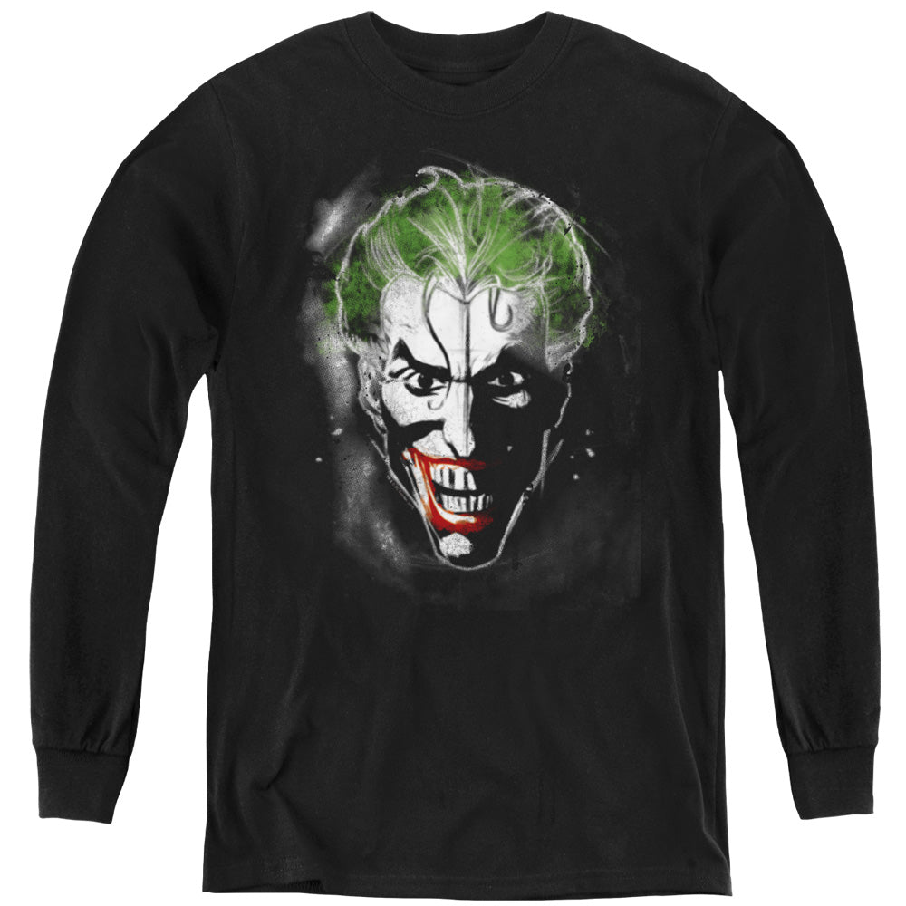 AN OFFCIALLY LICENSED BATMAN FACE OF MADNESS YOUTH LONG SLEEVE T-SHIRT BLACK