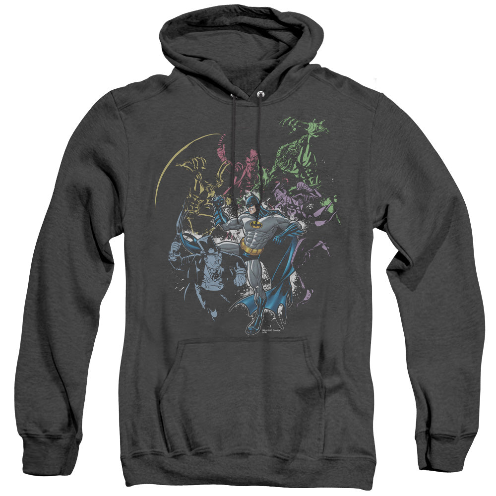 AN OFFCIALLY LICENSED BATMAN SURROUNDED ADULT UNISEX HEATHER PULLOVER HOODIE BLACK